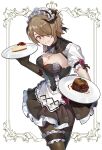  1girl apron bangs black_gloves black_legwear border breasts brown_hair cake cake_slice cleavage dress food frilled_apron frilled_dress frills gloves grin hair_over_one_eye highres holding holding_plate honkai_(series) honkai_impact_3rd looking_at_viewer maid maid_apron maid_headdress mole mole_under_eye open_mouth pantyhose plate purple_eyes rita_rossweisse rita_rossweisse_(umbral_rose) short_hair short_sleeves simple_background sin_(btc86amme) smile solo teeth white_background 