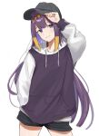  1girl alternate_costume baseball_cap black_headwear black_shorts blue_hair colored_inner_hair drawstring hand_in_pocket hat head_tilt hololive hololive_english hood hoodie leaning_to_the_side light_blush long_hair looking_at_viewer multicolored_hair ninomae_ina&#039;nis purple_eyes purple_hoodie shiroiko8 shorts smile solo tentacle_hair two-tone_hoodie very_long_hair virtual_youtuber white_background white_hoodie 