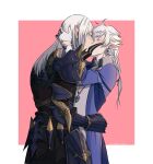  2381467261 2boys absurdres alphinaud_leveilleur arm_around_neck armor braid closed_eyes coat earclip elezen elf estinien_varlineau face-to-face facing_another final_fantasy final_fantasy_xiv gauntlets grey_hair hand_on_another&#039;s_head hand_on_another&#039;s_hip height_difference highres jewelry kiss long_hair male_focus multiple_boys pendant pointy_ears shoulder_armor sidelocks spikes yaoi 