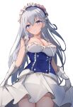  1girl alternate_costume azur_lane bangs belfast_(azur_lane) blue_corset blue_eyes blush breasts cleavage commentary cowboy_shot enmaided eyebrows_visible_through_hair gloves highres large_breasts long_hair looking_at_viewer looking_down maid maid_headdress runep silver_hair simple_background skirt smile solo white_background white_gloves white_skirt 