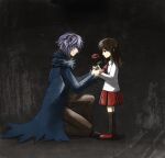  1boy 1girl bangs black_footwear black_legwear blue_coat brown_eyes brown_hair brown_pants closed_mouth coat collared_shirt flower full_body garry_(ib) holding_hands ib ib_(ib) long_sleeves looking_at_another natsuya_(kuttuki) one_knee pants pleated_skirt purple_hair red_eyes red_flower red_footwear red_rose red_skirt rose shirt shoes short_hair skirt smile socks standing white_shirt 