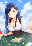  1girl bangs blue_sky blurry blurry_background breasts cleavage closed_mouth cloud collarbone day green_ribbon green_skirt highres honzuki_no_gekokujou jewelry large_breasts leaning_forward long_hair long_skirt looking_at_viewer maine_(honzuki_no_gekokujou) necklace outdoors parted_bangs ribbon shiny shiny_hair shirt skirt skirt_hold sky smile solo underbust very_long_hair white_shirt yellow_eyes yumeha_tseru 