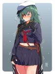  1girl alternate_costume black_gloves blue_eyes blue_serafuku blue_shirt blue_skirt blush breasts cowboy_shot eyepatch fingerless_gloves gloves green_hair hat highres kantai_collection kiso_(kancolle) long_sleeves medium_hair midriff miniskirt navel neckerchief nose_blush pleated_skirt red_neckerchief remodel_(kantai_collection) sailor_hat sebunsu shirt skirt small_breasts solo standing white_headwear 