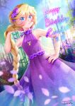  1girl absurdres blonde_hair blurry blurry_foreground bow braid braided_ponytail carol_malus_dienheim character_name collarbone dress floating_hair flower hair_bow hair_flower hair_ornament hand_in_hair hand_on_hip happy_birthday highres juan_0121 long_dress long_hair nail_polish petals purple_dress purple_flower purple_nails purple_ribbon ribbon senki_zesshou_symphogear shiny shiny_hair signature sleeveless sleeveless_dress solo standing triangle_mouth very_long_hair white_bow 