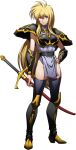  1girl armor bag blonde_hair breastplate closed_mouth full_body grey_legwear hair_between_eyes hand_on_hip highres holding holding_sheath langrisser leticia_(langrisser) long_hair looking_at_viewer official_art red_eyes sheath sheathed shiny shiny_clothes shiny_legwear shiny_skin shoulder_armor smile solo standing sword thighhighs transparent_background very_long_hair weapon 