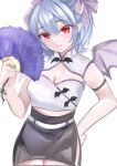  1girl alternate_costume bat_wings black_skirt blue_hair bow breasts cleavage fang hair_bow hand_fan hand_on_hip highres kei_(hidden) looking_at_viewer pink_bow red_eyes remilia_scarlet short_hair simple_background skirt smile solo touhou white_background wings 