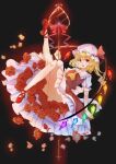  1girl :d absurdres bangs black_background blonde_hair blush commentary_request crystal dark_background eyebrows_visible_through_hair flandre_scarlet flower full_body hair_between_eyes hat highres laevatein_(touhou) leg_up looking_at_viewer mob_cap one_side_up outer_glow petals red_eyes red_flower red_rose rose simple_background smile solo sora_223 touhou wings 