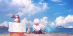  1girl andychen blue_sky cat chromatic_aberration cloud day facing_away from_behind holding horizon island long_hair low_twintails ocean original outdoors pleated_skirt red_cat scenery seascape sitting skirt sky solo traffic_cone translation_request twintails white_hair 