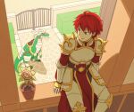  1boy armor bangs barding breastplate cape closed_mouth commentary_request cross day dragon feet_out_of_frame ferus_(ragnarok_online) gauntlets geographer_(ragnarok_online) hedge indoors leg_armor looking_outside natsuya_(kuttuki) pauldrons plant potted_plant purple_eyes ragnarok_masters ragnarok_online red_cape red_hair rune_knight_(ragnarok_online) short_hair shoulder_armor smile spiked_pauldrons tabard window 