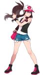  1girl bag baseball_cap black_vest blue_eyes boots brown_hair closed_mouth commentary denim denim_shorts floating_hair full_body hat high_ponytail highres hilda_(pokemon) holding holding_poke_ball knees legs_apart long_hair poke_ball poke_ball_(basic) pokemon pokemon_(game) pokemon_bw rpp_pic shirt short_shorts shorts shoulder_bag sidelocks sleeveless sleeveless_shirt solo standing vest white_shirt wristband 