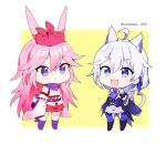  2girls animal_ears bangs bare_shoulders bento blue_eyes border braid braided_ponytail cat_ears cat_tail chibi closed_mouth fox_ears full_body honkai_(series) honkai_impact_3rd japanese_clothes jin2 kallen_kaslana kallen_kaslana_(sixth_serenade) long_hair miko multiple_girls open_mouth pants pink_hair pink_skirt purple_eyes purple_pants purple_scarf scarf skirt tail thighhighs white_border white_hair white_legwear white_sleeves yae_sakura yae_sakura_(gyakushinn_miko) yellow_background 