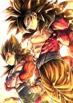  2boys abs aura bare_pectorals biceps black_hair body_fur closed_mouth crossed_arms denim dragon_ball dragon_ball_gt gloves green_eyes highres jeans long_hair male_focus mattari_illust monkey_boy monkey_tail multiple_boys muscular muscular_male no_nipples pants pectorals red_fur saiyan serious son_goku spiked_hair super_saiyan super_saiyan_4 tail vegeta yellow_eyes 