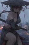  1girl absurdres bangs bare_shoulders blue_kimono blurry blurry_background breasts bridal_gauntlets brown_eyes brown_hair cleavage closed_mouth collarbone commentary depth_of_field floating_hair free_style_(yohan1754) hair_between_eyes highres holding holding_sword holding_weapon ichimegasa japanese_clothes katana kimono large_breasts long_hair looking_at_viewer original outdoors ponytail ready_to_draw red_eyes sarashi sheath sheathed skirt solo sword thighs torn_clothes weapon 