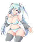  1girl :d absurdres aqua_eyes aqua_hair aqua_necktie bangs black_legwear bra breasts cleavage commentary_request cowboy_shot detached_collar detached_sleeves eyebrows_visible_through_hair groin hatsune_miku highres holding holding_microphone_stand large_breasts long_hair looking_at_viewer microphone_stand navel necktie open_mouth panties plump side-tie_panties simple_background smile solo standing striped striped_bra striped_panties thighhighs thighs tong_shui twintails underwear vocaloid white_background 
