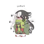  1boy absurdly_long_hair ashiya_douman_(fate) asymmetrical_clothes asymmetrical_hair bell black_eyes blush chibi curly_hair fate/grand_order fate_(series) hair_ornament hidden_face highres japanese_clothes kimono long_hair long_sleeves multicolored_hair nodh49 scarf split-color_hair trembling two-tone_hair very_long_hair white_background 