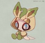  arm_support blue_eyes bright_pupils celebi closed_mouth commentary_request cosplay dated full_body hood hood_up leafeon leafeon_(cosplay) leels pokemon pokemon_(creature) sitting smile solo white_pupils 