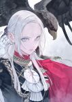  1girl aiguillette ascot bird black_jacket cape commentary eagle edelgard_von_hresvelg fire_emblem fire_emblem:_three_houses garreg_mach_monastery_uniform gloves grey_background hair_ribbon half_updo hand_in_hair hand_up highres jacket long_hair looking_to_the_side mueririko purple_eyes purple_ribbon red_cape ribbon silver_hair solo upper_body white_ascot white_gloves 