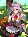  1girl armor ascot basket blush breasts cleavage closed_mouth flower gauntlets genshin_impact grass green_eyes hair_flower hair_ornament highres medium_breasts noelle_(genshin_impact) outdoors red_ascot red_flower red_rose rose short_hair sitting smile solo tree wattyon01 white_hair 