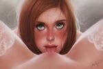  2girls artist_name commentary cunnilingus english_commentary face face_in_crotch female_pov freckles green_eyes looking_at_viewer multiple_girls open_mouth oral original paloma_piquet pov pov_crotch red_hair spread_legs thighhighs tongue tongue_out yuri 