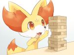  :3 animal_ear_fluff animal_focus arm_up blue_background commentary_request eating fangs fennekin gradient gradient_background hand_up happy holding jenga kemonobito looking_up no_humans open_mouth outstretched_arm pawpads playing_games pokemon pokemon_(creature) red_eyes simple_background smile solo upper_body you&#039;re_doing_it_wrong 