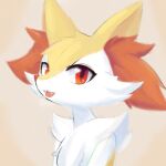  1girl :3 animal_ear_fluff animal_ears animal_nose body_fur braixen brown_background commentary english_commentary fangs fox_ears fox_girl fur_collar furry furry_female happy icykatsura looking_at_viewer open_mouth pokemon pokemon_(creature) red_eyes simple_background sketch smile snout solo two-tone_fur upper_body white_fur yellow_fur 
