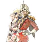  belt blonde_hair blue_eyes char&#039;s_counterattack char_aznable closed_mouth dual_persona gloves gundam highres looking_at_viewer mask military military_uniform mobile_suit_gundam necktie quattro_vageena simple_background smile sunglasses uniform white_background yasuda_akira zeta_gundam 