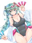  1girl absurdres aqua_eyes aqua_hair bangs black_swimsuit breasts cleavage closed_mouth competition_swimsuit cowboy_shot detached_sleeves eyebrows_visible_through_hair groin hand_fan hatsune_miku highres holding holding_fan large_breasts looking_at_viewer one-piece_swimsuit simple_background smile solo swimsuit thigh_gap thighs tong_shui twintails vocaloid white_background 