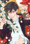  1boy bird bird_on_hand bishounen black_cape black_hair buttons camellia cape cherry_blossom_print collared_shirt commentary_request dress_shirt fingernails floral_print flower gakuran grey_eyes hair_between_eyes hands_up headwear_removed highres jacket kasukabe_akira kikumon leaf long_sleeves looking_at_viewer male_focus midriff_peek navel open_clothes open_jacket original parted_lips partially_unbuttoned peacock petals red_cape school_uniform shirt short_hair solo stomach tsurime two-sided_fabric upper_body white_flower white_shirt yellow_background 