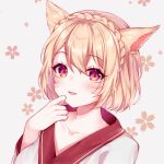  1girl animal_ears avatar_(ffxiv) blonde_hair blush braid cat_ears cat_girl collarbone crown_braid eyebrows_visible_through_hair facial_mark final_fantasy final_fantasy_xiv floral_background hand_on_own_chin hand_up highres looking_at_viewer miqo&#039;te open_mouth red_eyes shiro_kanae short_hair smile solo 