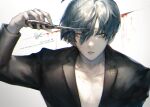  1boy bare_pectorals bleeding blood blue_eyes blue_hair collarbone cutting_hair eyeshadow fingernails formal hair_between_eyes holding holding_scissors injury kkxmxx looking_at_viewer makeup male_focus original parted_lips pectorals sanpaku scissors silhouette slit_pupils solo suit upper_body 