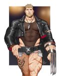  1boy abs bara beard belt blade blonde_hair blue_eyes bodystocking bodysuit bodysuit_under_clothes collarbone dog_tags facial_hair gomtang jacket leather leather_jacket male_focus muscular muscular_male navel original scar short_hair solo stomach tattoo thighs torn_clothes weapon 