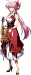  1girl ahoge almeda bangs black_footwear breasts cleavage closed_mouth collarbone dress full_body hair_between_eyes hair_ornament high_heels highres holding holding_instrument instrument jewelry langrisser langrisser_mobile layered_dress long_dress long_hair medium_breasts necklace official_art pink_eyes pink_hair pumps red_dress shiny shiny_hair sleeveless sleeveless_dress smile solo tied_hair transparent_background very_long_hair violin 