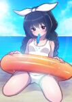  1girl absurdres alternate_hairstyle artist_name bangs beach black_hair blue_sky braid brown_eyes cloud cloudy_sky commentary crotch_seam dated day food food_in_mouth full_body girls_und_panzer hair_ribbon highres horizon innertube itsumip long_hair looking_at_viewer low_twintails ocean one-piece_swimsuit outdoors popsicle reizei_mako ribbon signature sitting sky solo sun swimsuit twin_braids twintails wariza wet white_ribbon white_swimsuit 