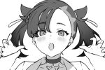  1girl :o asymmetrical_bangs bangs blush choker collarbone commentary_request earrings eyelashes greyscale hair_ribbon hands_up jacket jewelry long_sleeves looking_at_viewer marnie_(pokemon) monochrome nekoyashiki_pushio open_mouth pokemon pokemon_(game) pokemon_swsh ribbon solo twintails upper_body 