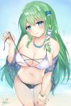  1girl alternate_costume bangs beach bent_over blue_eyes blue_nails blurry blurry_background blush bracelet breasts cleavage collarbone commentary_request detached_sleeves eyebrows_visible_through_hair frog_hair_ornament green_hair hair_ornament head_tilt highres jewelry kei_(hidden) kochiya_sanae large_breasts long_hair long_sleeves looking_at_viewer nail_polish navel necklace ocean signature smile snake_hair_ornament solo stomach string_pull swimsuit thighs touhou water_drop wet wide_sleeves 