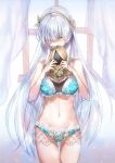  1girl anastasia_(fate) bangs bare_shoulders blue_eyes blush bra breasts commentary_request doll emoillu eyebrows_visible_through_hair fate/grand_order fate_(series) full_body hair_between_eyes hair_ornament large_breasts lingerie long_hair looking_at_viewer navel silver_hair simple_background solo thighhighs underwear viy_(fate) window 
