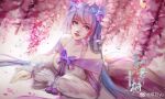  1girl blue_hair bug butterfly cherry_blossoms douluo_dalu feiyue_yu hair_ornament highres long_hair lying puffy_sleeves ribbon tang_wutong_(douluo_dalu) weibo_id weibo_logo 