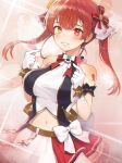  1girl arm_strap bangs bare_shoulders blush bow eyebrows_visible_through_hair gloves hair_ornament heterochromia highres hololive hololive_idol_uniform houshou_marine long_hair looking_at_viewer navel noixen parted_lips red_bow red_eyes red_hair skirt smile solo sparkle twintails two-tone_skirt virtual_youtuber white_bow white_gloves yellow_eyes 