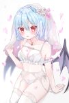  1girl absurdres arm_garter arm_up bangs bat_wings blurry blurry_background blush bow bow_bra bra breasts bridal_veil cleavage collarbone commentary_request eyelashes flower garter_straps hair_flower hair_ornament highres jewelry kei_(hidden) light_blue_hair looking_at_viewer medium_breasts nail_polish navel necklace open_mouth petals red_eyes remilia_scarlet ring rose ruby_(gemstone) short_hair signature simple_background sitting solo stomach thighhighs thighs touhou underwear veil wedding_band white_background white_bra white_flower white_legwear white_rose wings 