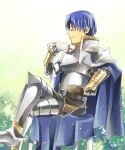  1boy armor armored_boots bangs belt black_belt blue_cape blue_hair boots breastplate bush cape chair closed_eyes closed_mouth commentary_request cross crossed_legs cup foot_out_of_frame gauntlets holding holding_cup leg_armor male_focus natsuya_(kuttuki) paladin_(ragnarok_online) pauldrons ragnarok_online short_hair shoulder_armor sitting smile solo teacup 