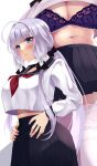  1girl alternate_costume azur_lane bangs black_skirt blue_eyes blush bra breasts closed_mouth commentary_request eyebrows_visible_through_hair highres illustrious_(azur_lane) large_breasts long_hair long_sleeves mole mole_under_eye navel pleated_skirt purple_bra school_uniform serafuku shirt skirt smile thighhighs underwear wee_(weeyy) white_hair white_legwear white_shirt 