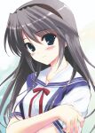  1girl absurdres blue_eyes clannad commentary_request fumio_(ura_fmo) hairband highres hikarizaka_private_high_school_uniform long_hair looking_at_viewer sailor_collar sakagami_tomoyo school_uniform silver_hair solo tomoyo_after upper_body white_sailor_collar 