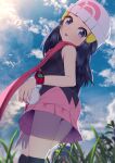  1girl ashino_moto black_hair black_legwear black_shirt closed_mouth cloud commentary_request dawn_(pokemon) day eyelashes from_below grass grey_eyes hair_ornament hairclip highres holding holding_poke_ball long_hair looking_down outdoors over-kneehighs pink_skirt poke_ball poke_ball_(basic) pokemon pokemon_(game) pokemon_dppt poketch scarf shiny shiny_hair shirt sidelocks skirt sky sleeveless sleeveless_shirt solo thighhighs tongue tongue_out watch wristwatch 
