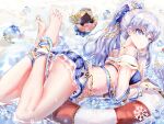  1girl absurdres age_fx anastasia_(fate) anastasia_(swimsuit_archer)_(fate) anklet ass bangs bare_shoulders barefoot bikini blue_eyes blush breasts closed_mouth eyebrows_visible_through_hair fate/grand_order fate_(series) feet full_body hair_between_eyes hair_ornament highres jewelry large_breasts long_hair looking_at_viewer ponytail silver_hair smile solo swimsuit thighhighs viy_(fate) water 