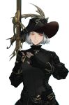  1girl absurdres avatar_(ffxiv) black_gloves black_hair black_headwear black_jacket final_fantasy final_fantasy_xiv fingerless_gloves gloves grey_hair gun handgun hands_up hat highres holding holding_gun holding_weapon hyur jacket lips long_sleeves looking_to_the_side machinist_(final_fantasy) mole mole_under_mouth multicolored_hair parted_lips pistol rocher-hd short_hair simple_background smile solo symbol-only_commentary two-tone_hair upper_body weapon white_background yellow_eyes 
