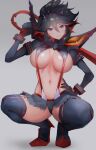  1girl absurdres black_hair blue_eyes boots breasts closed_mouth full_body grey_background hair_between_eyes hair_ornament high_heel_boots high_heels highres holding holding_weapon kataku_musou kill_la_kill large_breasts looking_at_viewer matoi_ryuuko microskirt multicolored_hair navel over_shoulder red_hair revealing_clothes senketsu short_hair skirt smile solo spread_legs squatting stomach suspenders thigh_boots thighhighs thighs weapon weapon_over_shoulder 