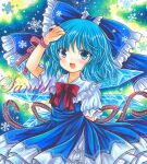  1girl :d blue_background blue_bow blue_dress blue_eyes blue_hair bow bowtie cirno cowboy_shot dress eyebrows_visible_through_hair frilled_bow frilled_dress frilled_shirt_collar frills green_background hair_bow hand_in_hair ice ice_wings looking_at_viewer marker_(medium) multicolored_background open_mouth puffy_short_sleeves puffy_sleeves red_bow red_bowtie red_ribbon ribbon rui_(sugar3) sample shirt short_sleeves smile snowflakes solo touhou traditional_media white_shirt wings wrist_ribbon 
