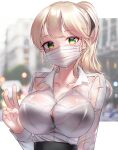  1girl blonde_hair bow bra bra_visible_through_clothes bralines breasts button_gap commentary_request eyebrows_visible_through_hair green_eyes hair_bow highres large_breasts mask mouth_mask office_lady original ponytail see-through shirosaba shirt underwear v wet wet_clothes wet_shirt 