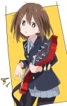  1girl :o bass_guitar blue_neckwear blue_ribbon brown_eyes brown_hair commentary_request grey_skirt guitar hair_ornament hairclip hirasawa_yui holding holding_instrument instrument ixy k-on! looking_at_viewer music pantyhose playing_instrument pleated_skirt ribbon sakuragaoka_high_school_uniform school_uniform short_hair skirt solo two-tone_background white_background yellow_background 