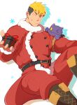 1boy absurdres bara belt blonde_hair box christmas creature cross-laced_footwear crow_(siranui) feet_out_of_frame gift gift_box highres jacket male_focus multicolored_hair muscular muscular_male official_alternate_costume red_eyes red_jacket santa_costume scar scar_across_eye scar_on_face short_hair sideburns solo tetsuya_(housamo) tokyo_afterschool_summoners two-tone_hair undercut 